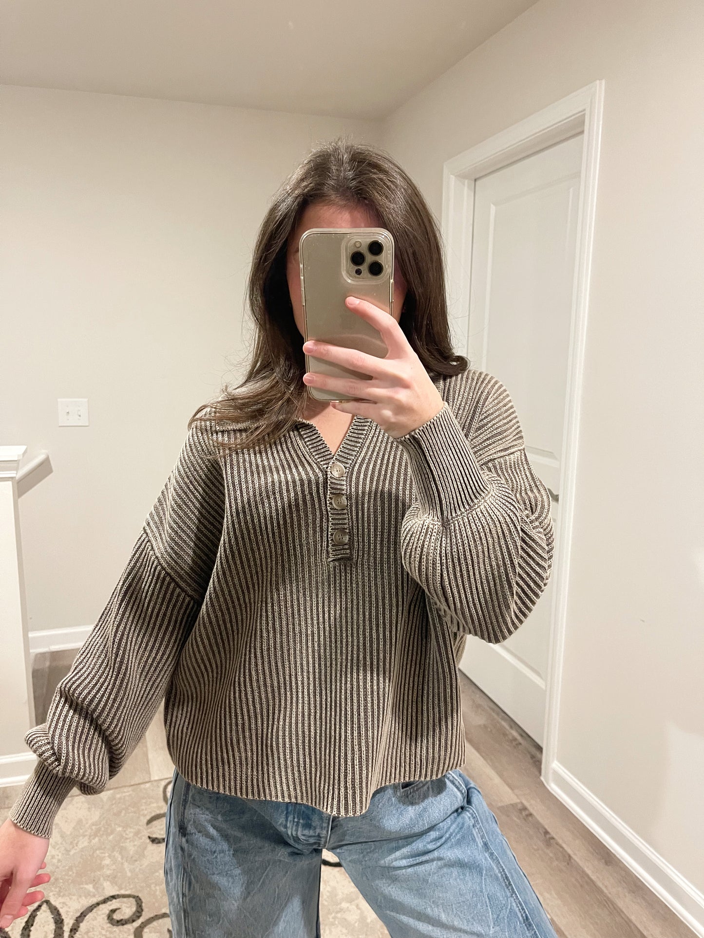 Washed Collared Henley Shirts Sweater Mocha