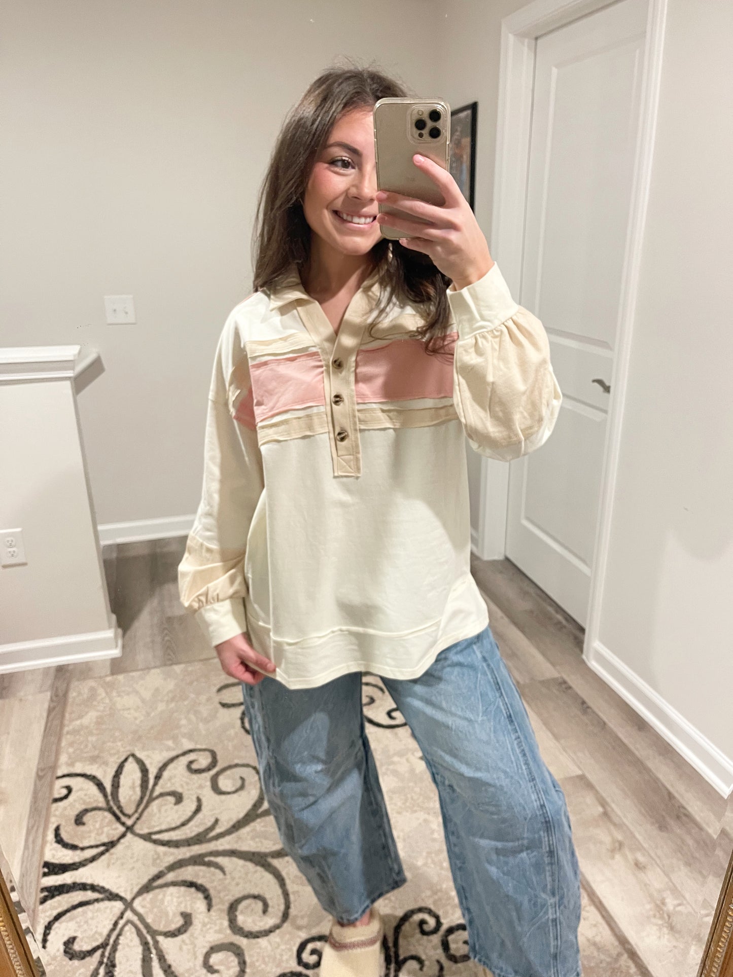 Color Block Oversized Collared Casual Knit Top