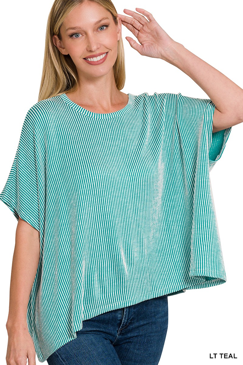 RIBBED STRIPED OVERSIZED SHORT SLEEVE TOP - LT TEAL