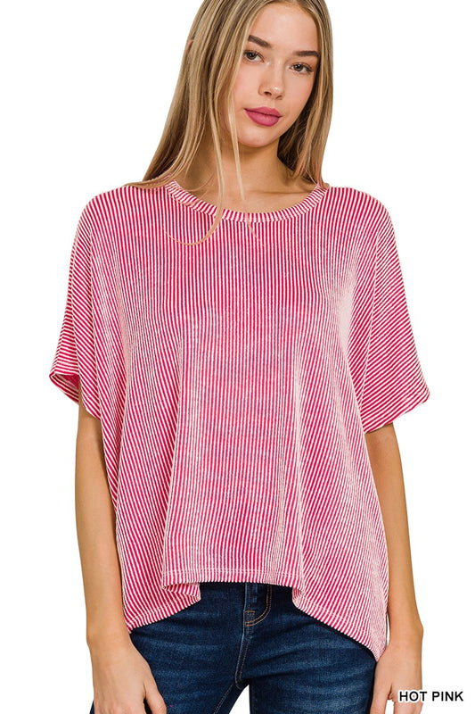 RIBBED STRIPED OVERSIZED SHORT SLEEVE TOP - HOT PINK