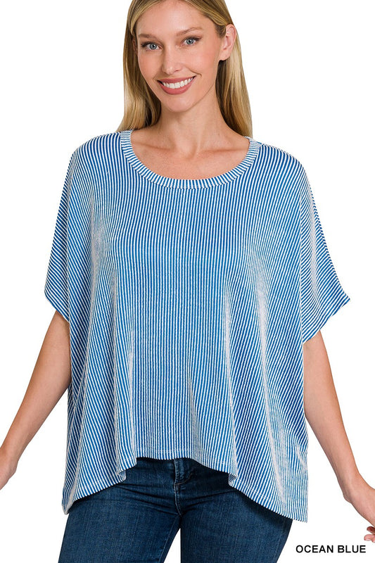 RIBBED STRIPED OVERSIZED SHORT SLEEVE TOP- OCEAN BLUE