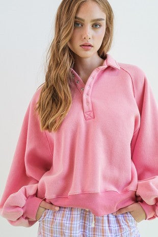 Piper Snap Button Collared Sweater- PINK