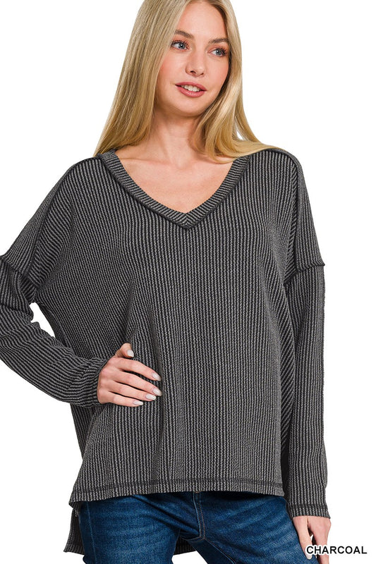 CORDED RIB LONG SLEEVE HI-LOW V NECK TOP - CHARCOAL