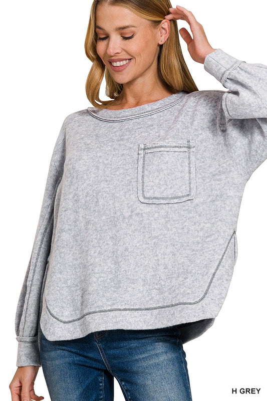 BRUSHED HACCI HI-LOW ROUND NECK SWEATER- H GREY