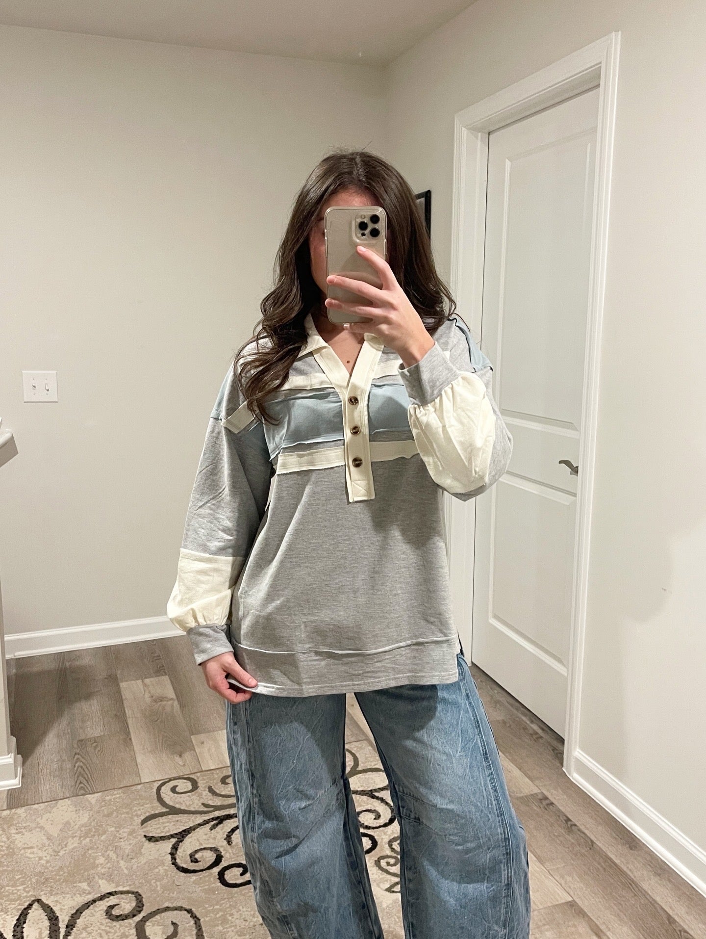 Blue Detail Color Block Oversized Collared Casual Knit Top