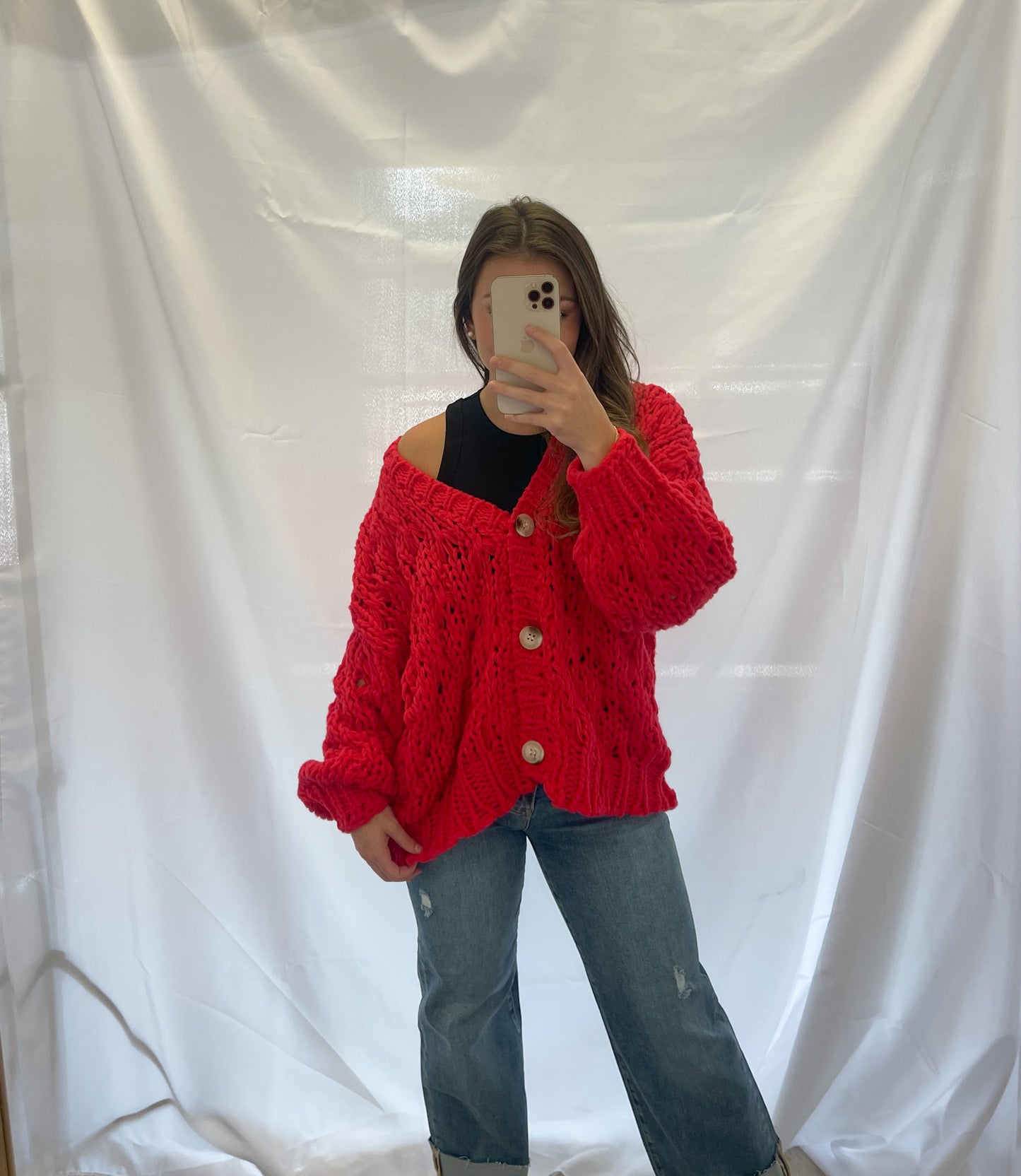 RED CHUNKY SWEATER CARDIGAN