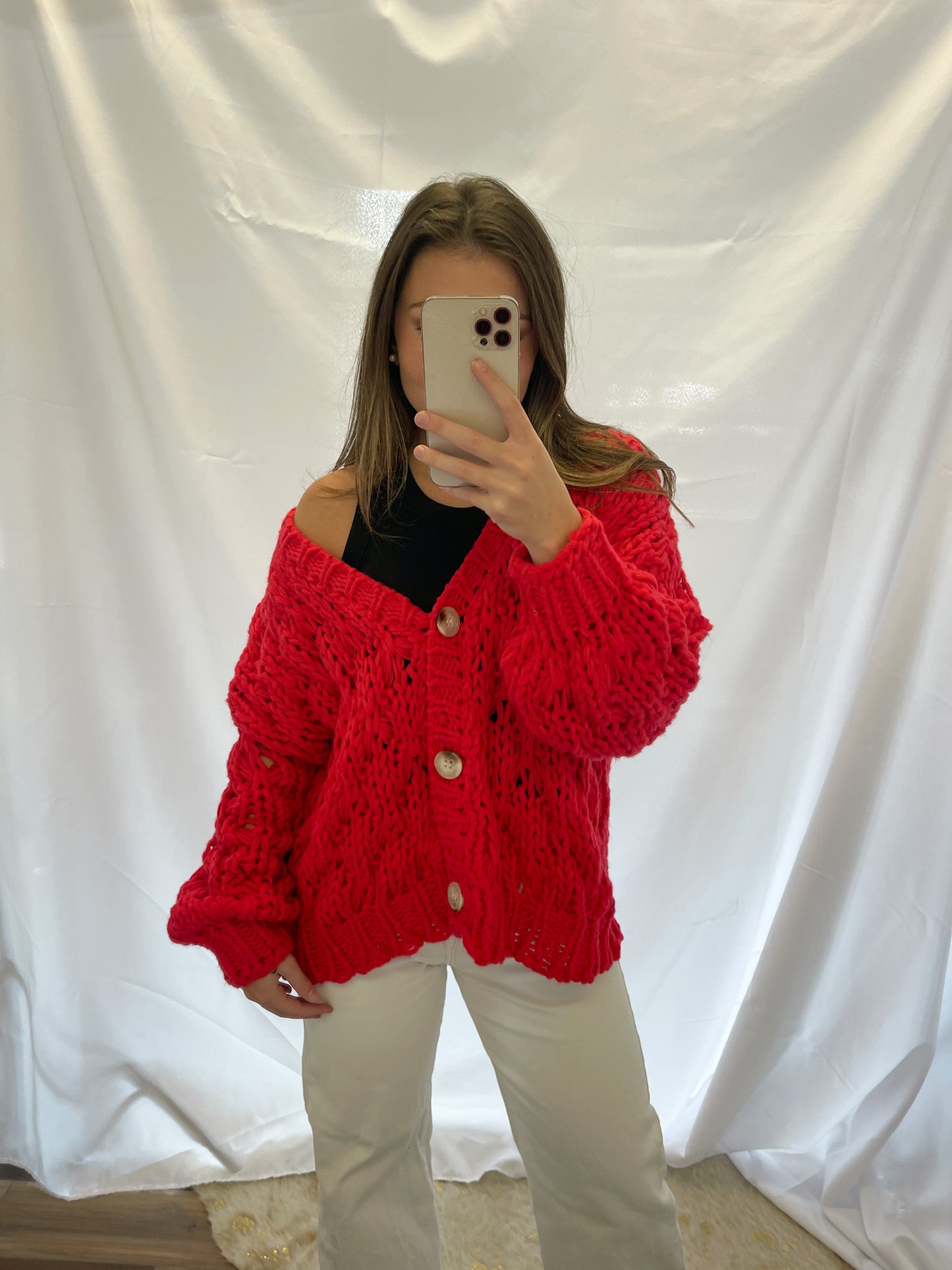 RED CHUNKY SWEATER CARDIGAN